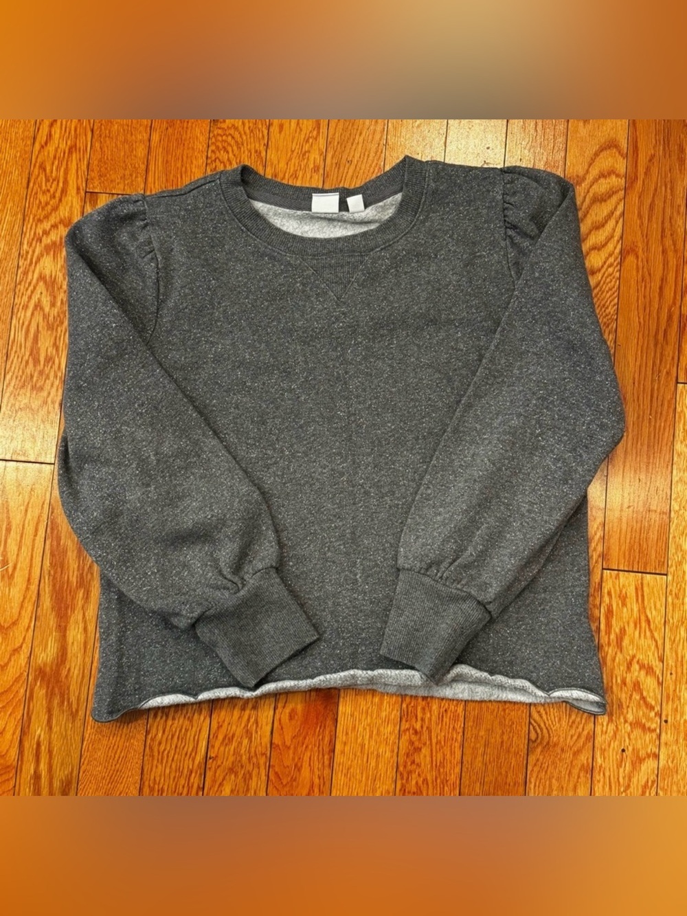 Gap Girls Dark Gray sparkly Crewneck Puff Sleeve fleece Sweater sz XXL